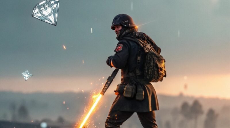 Cena cinematográfica de um personagem do Free Fire em um campo de batalha, segurando uma arma brilhante, com diamantes espalhados ao redor, simbolizando recompensas e vitória.