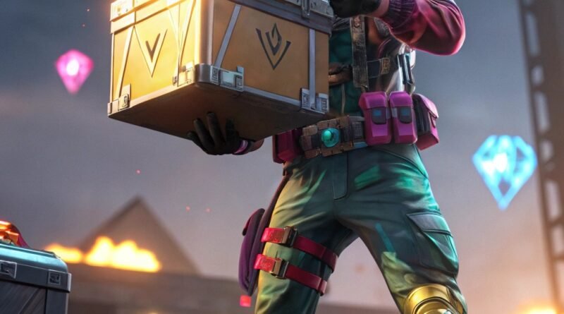 Personagem do Free Fire segurando uma caixa de loot em formato de diamante, cercado por diamantes brilhantes e skins de armas, em um cenário futurístico de batalha.