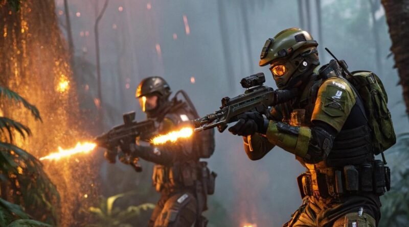 Personagens de Free Fire em batalha intensa na selva com armaduras futuristas