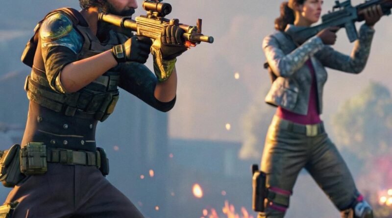 Imagem de personagens do Free Fire em posição de combate em um campo de batalha futurista