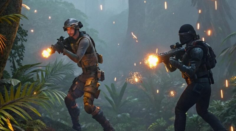 Personagens de Free Fire em batalha na selva com armas futuristas e caixas de loot raras