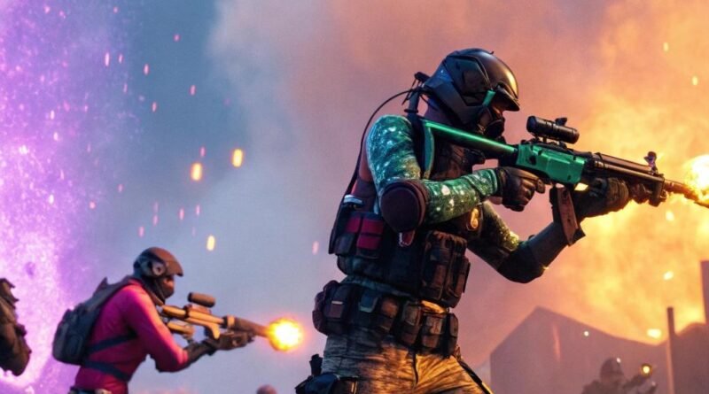 Cenário dinâmico do Free Fire com personagens em ação