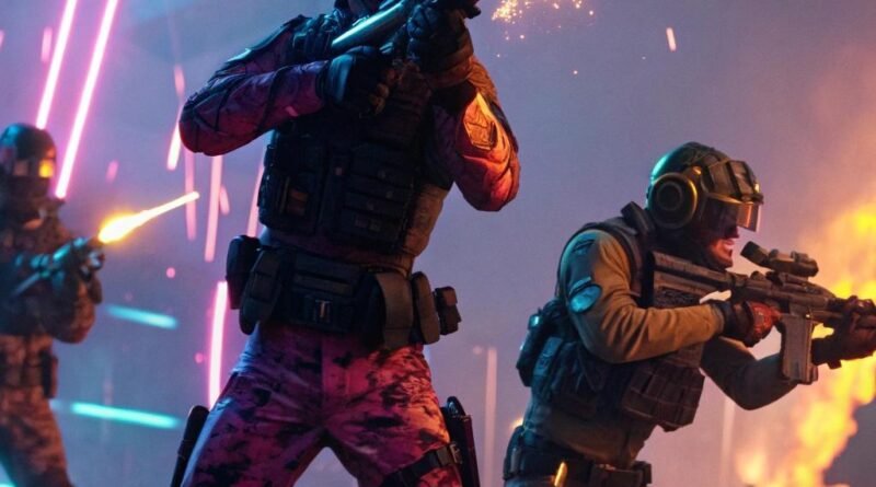 Cenário vibrante de Free Fire com personagens em batalha futurista