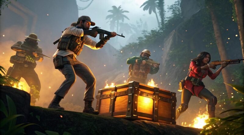 Imagem de personagens do Free Fire com caixas de recompensas e cenário de floresta misteriosa