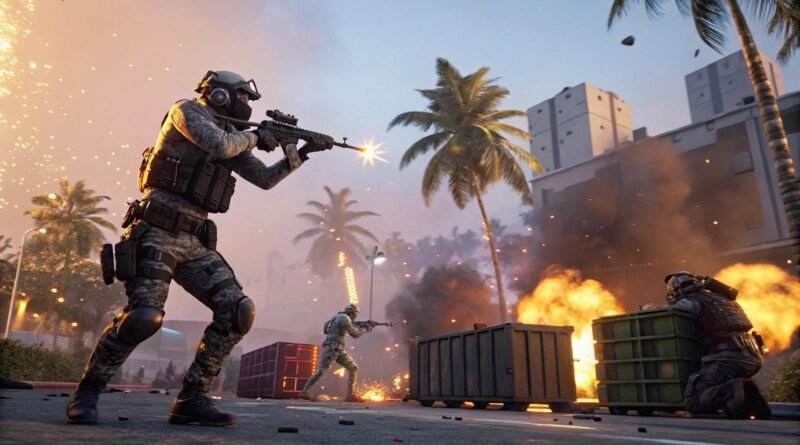 Cena de batalha inspirada no Free Fire com soldados futuristas e explosões vibrantes
