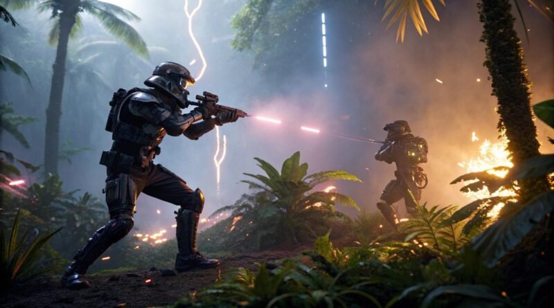 Cena de ação intensa no Free Fire com guerreiros futuristas na selva