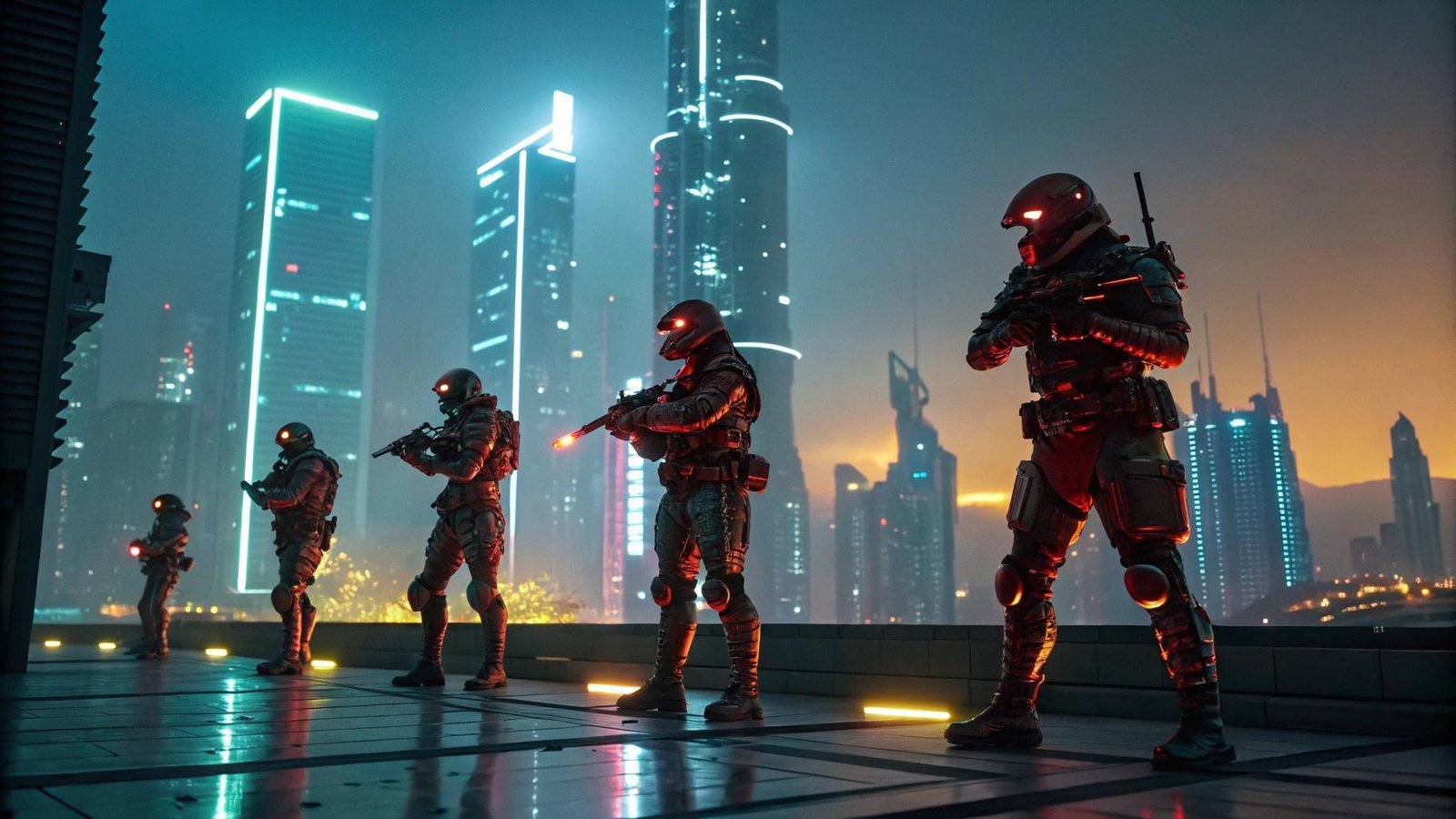 Guerreiros de elite do Free Fire posicionados em um cenário cyberpunk