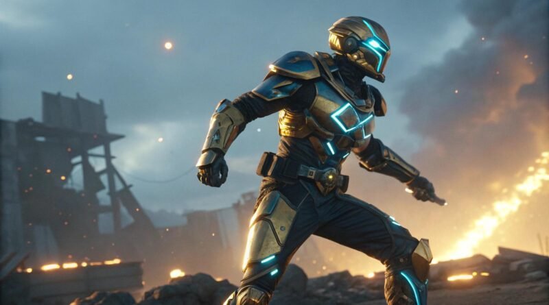 Personagem futurista do Free Fire pronto para a batalha com armadura brilhante