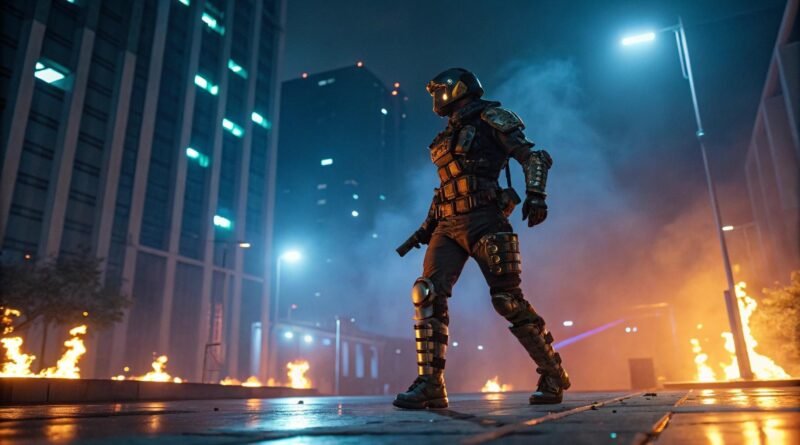 Personagem de Free Fire com armadura futurista em campo de batalha urbano iluminado por neon