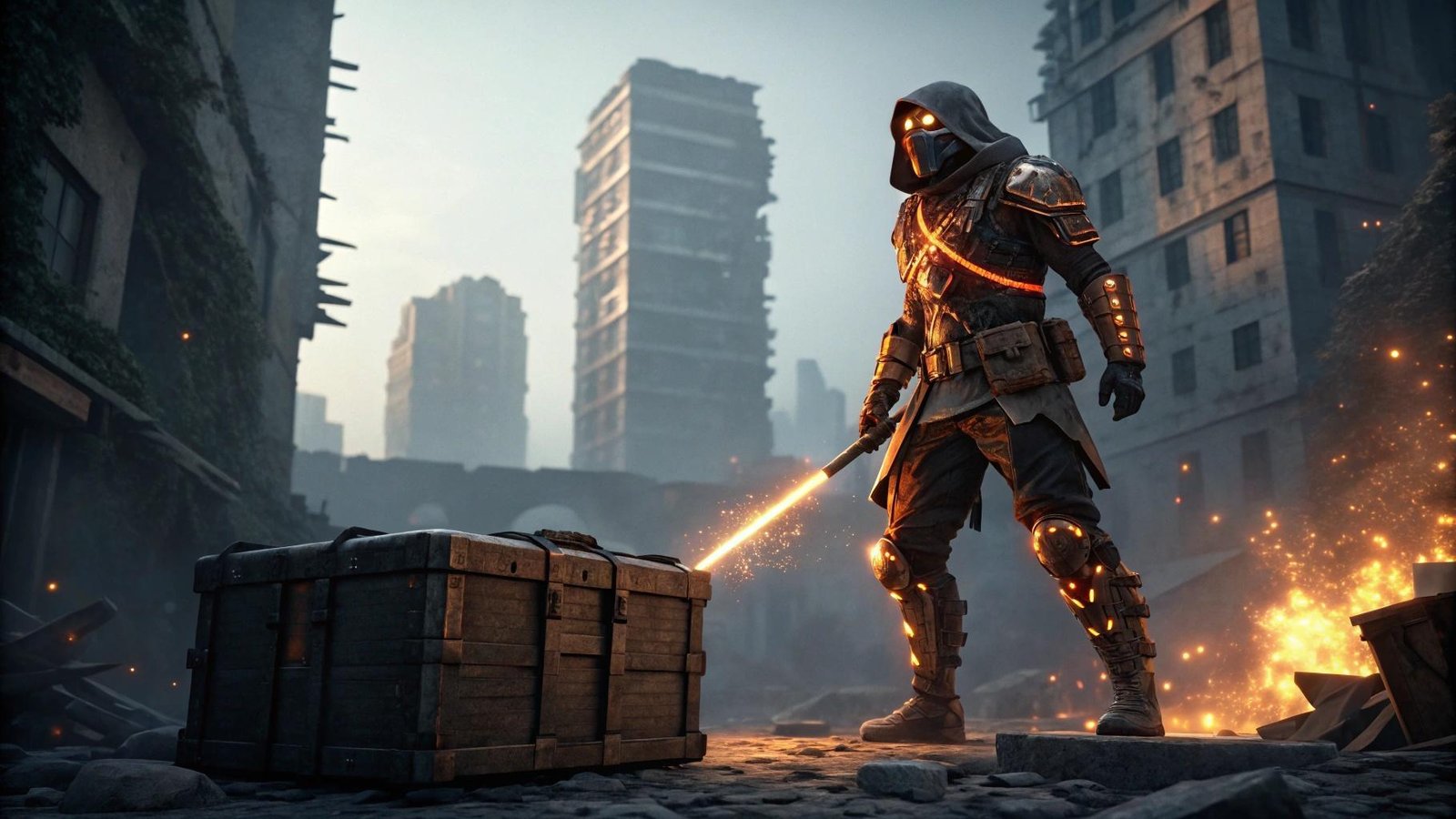 Personagem épico ao estilo Free Fire com armadura brilhante e caixas de loot ao fundo