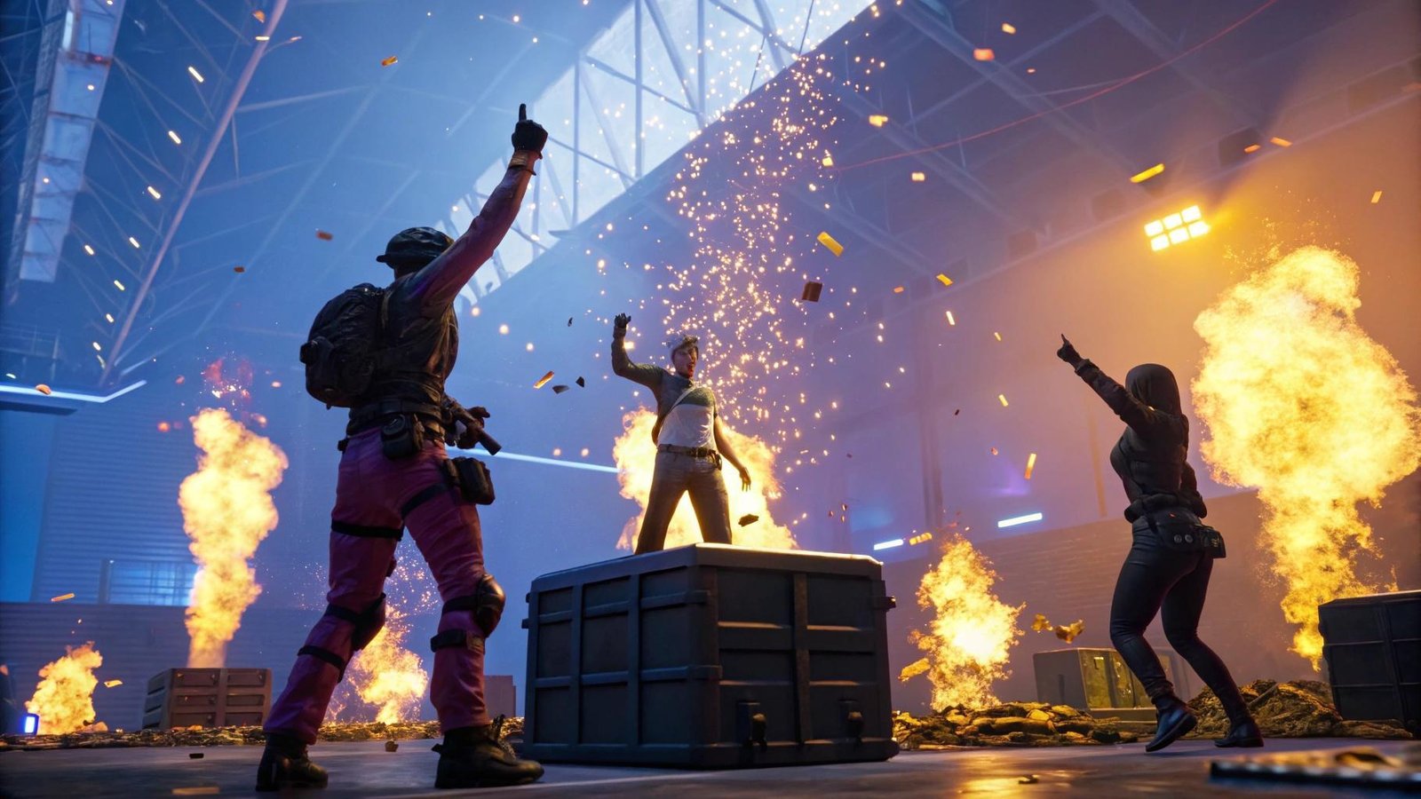 Cena vibrante de Free Fire com personagens comemorando e loot digital