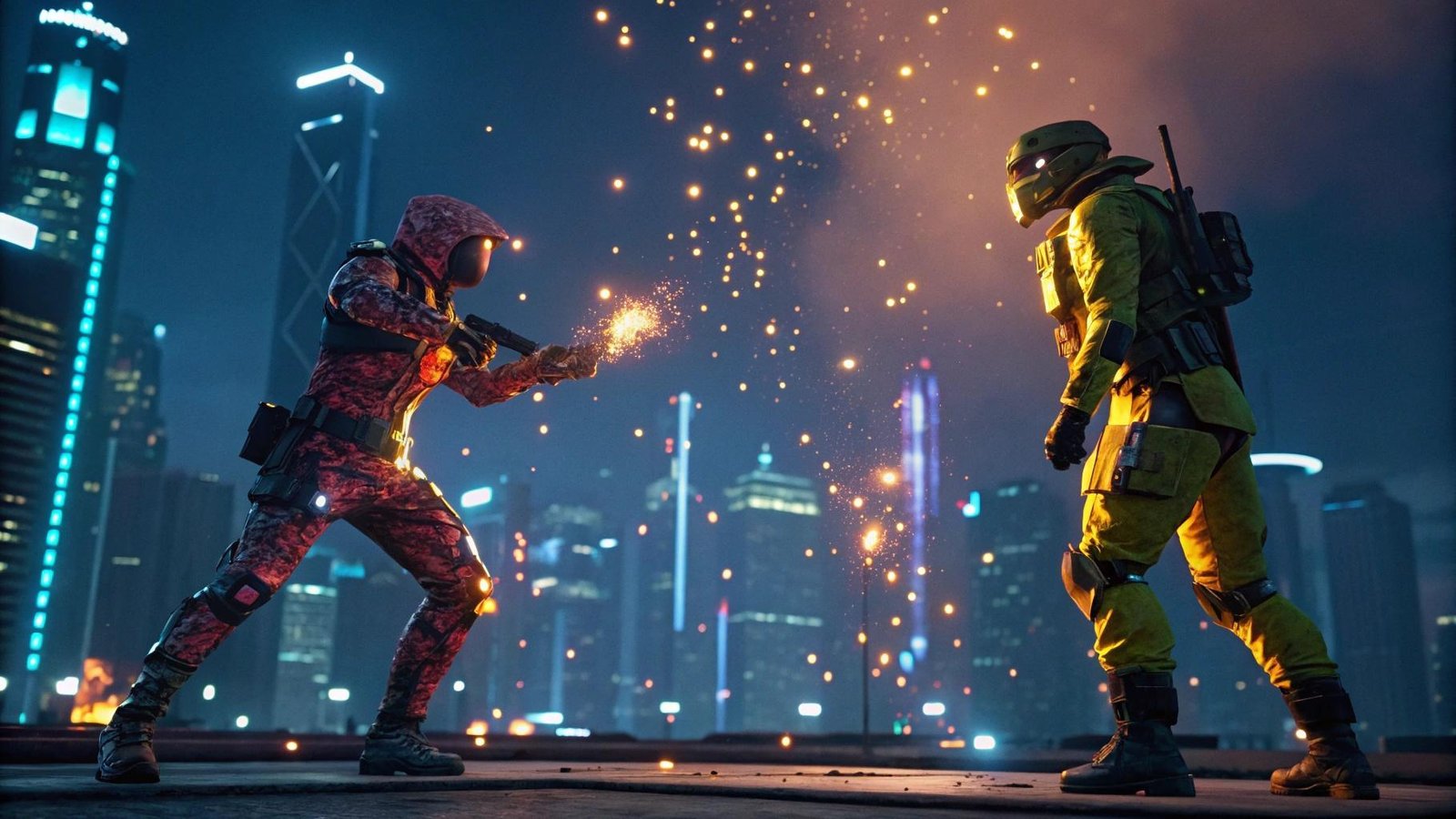 Skins lendárias de Free Fire com diamantes e cidade futurista ao fundo