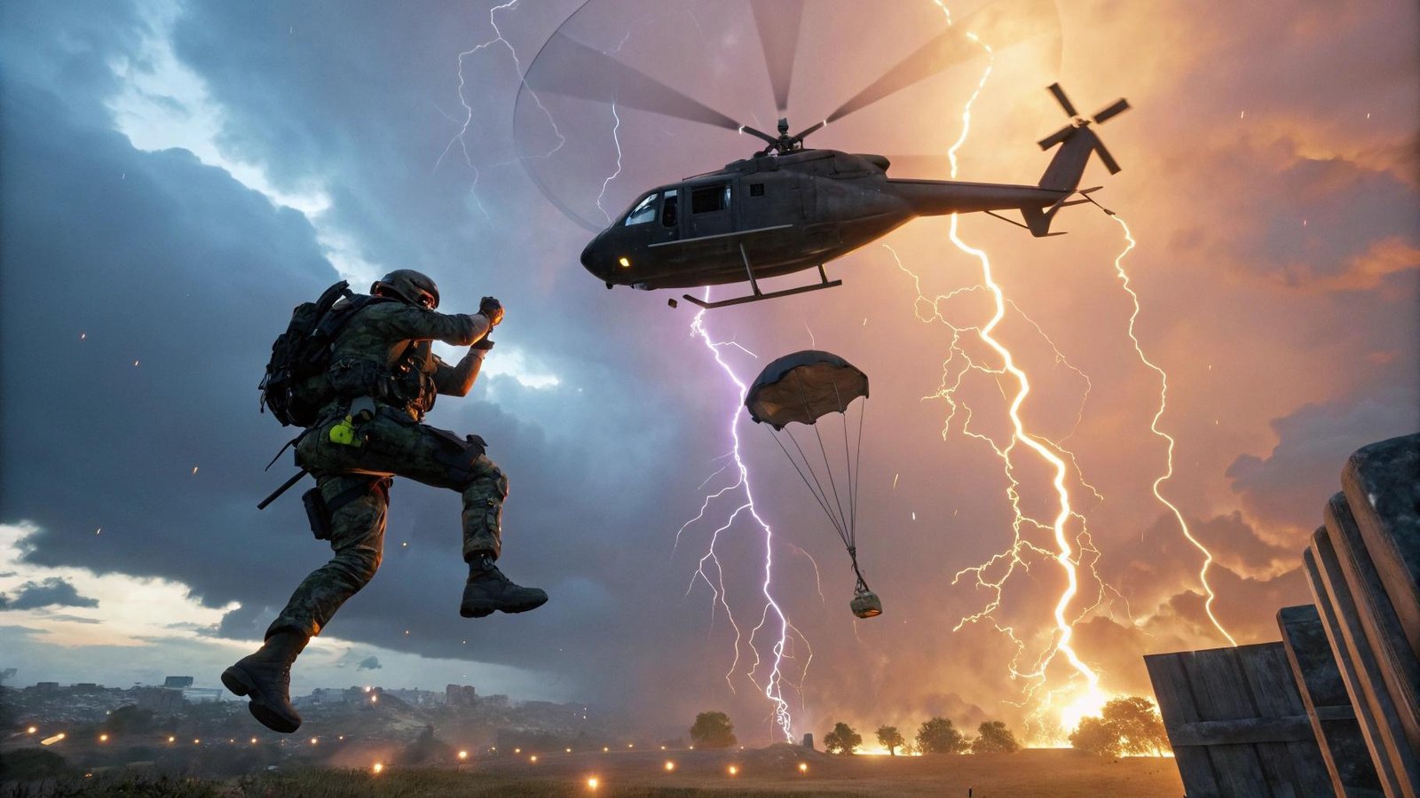 Herói em traje tático saltando de helicóptero em cenário de batalha futurista estilo Free Fire