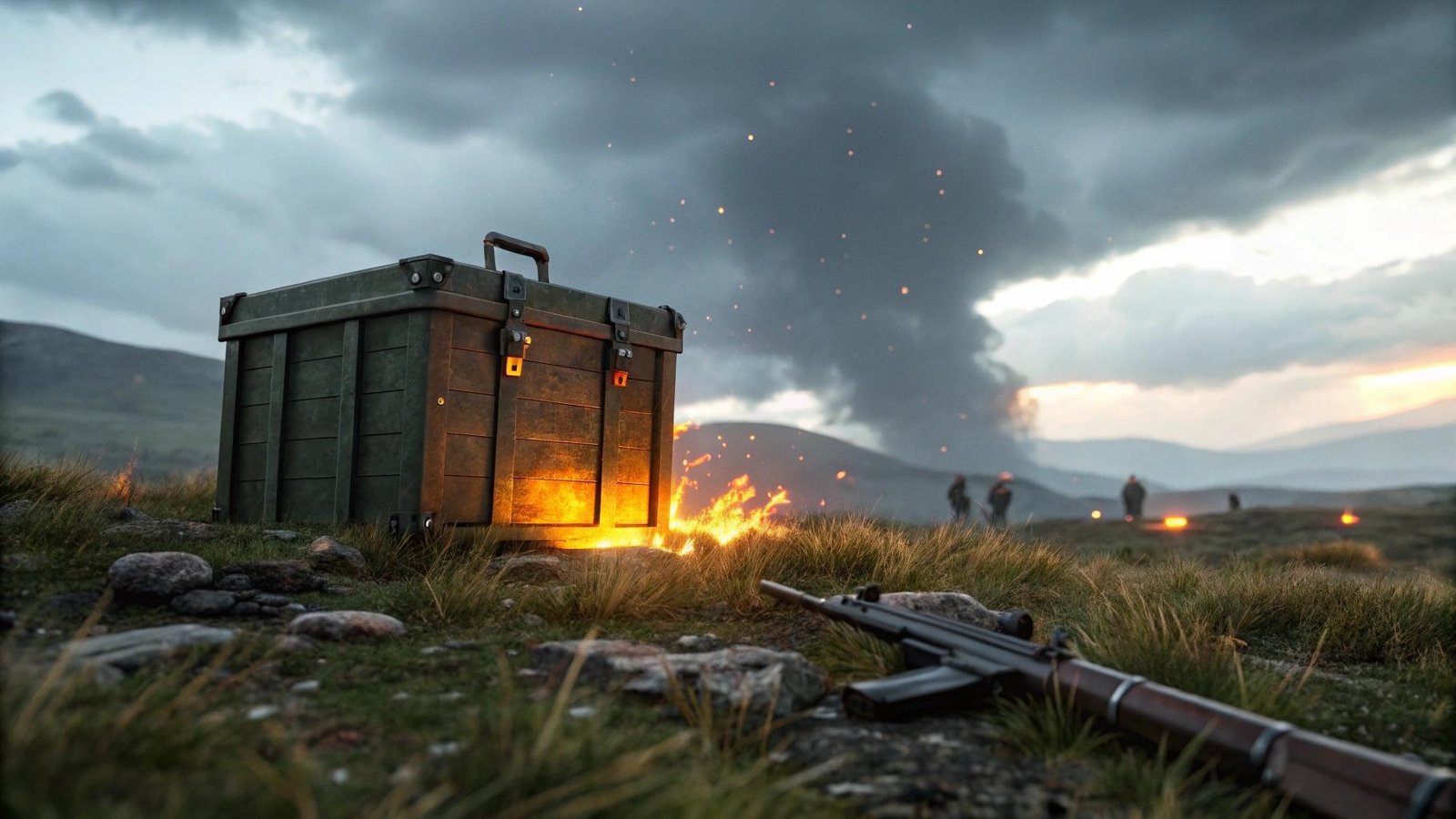 Cena de loot no campo de batalha do Free Fire com efeitos brilhantes