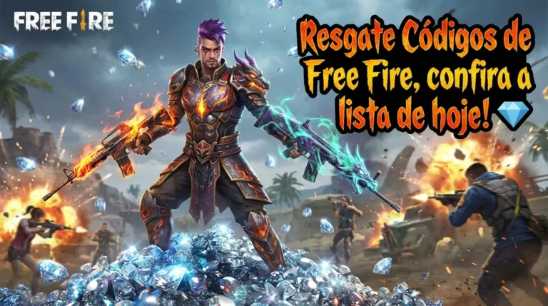 Personagem masculino do Free Fire com cabelo roxo e armadura de dragão segurando duas armas, uma de fogo e outra de gelo, em cima de uma pilha de diamantes, ilustrando as recompensas dos códigos Free Fire de hoje.