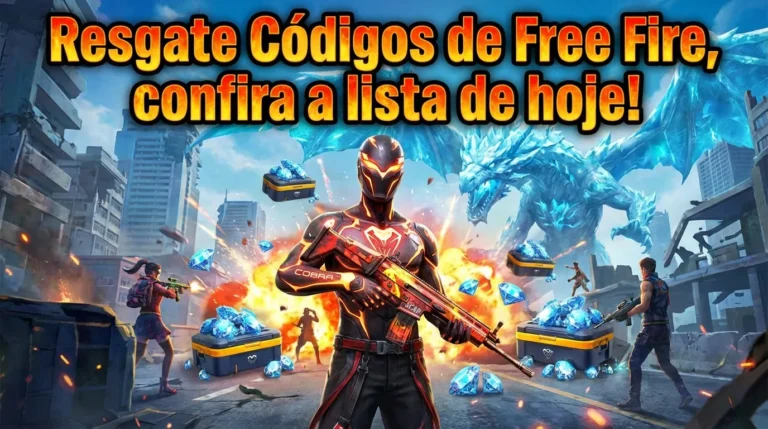 Personagem do Free Fire com skin Cobra em uma cidade destruída, cercado por diamantes, representando o resgate de códigos Free Fire (CODIGUIN FF) para obter recompensas.