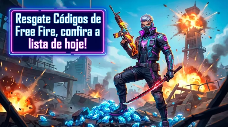 Personagem masculino do Free Fire em um cenário de batalha, em pé sobre uma pilha de diamantes, ilustrando a busca por códigos Free Fire (Codiguin FF) para obter recompensas no jogo.