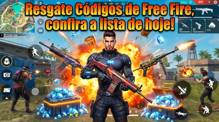 Personagem masculino do Free Fire em destaque com armas e diamantes, ilustrando o resgate de Codiguin FF de hoje para obter recompensas no jogo.