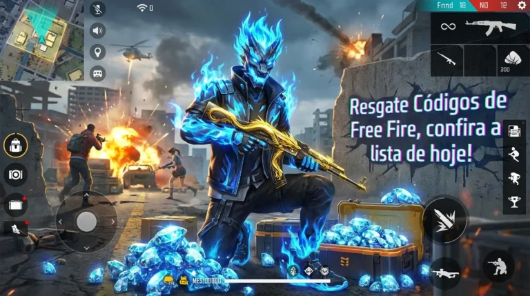 Personagem do Free Fire com skin de fogo azul e arma dourada ao lado de um baú de diamantes, representando as recompensas obtidas ao resgatar o Codiguin FF de hoje.