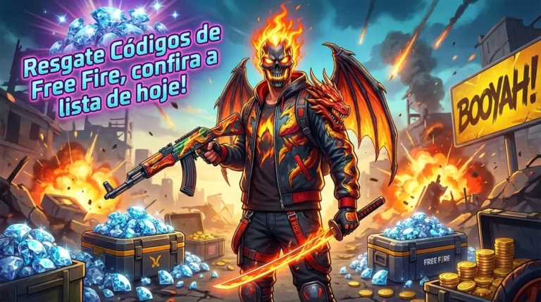 Personagem de Free Fire com skin de caveira em chamas e asas de dragão, segurando armas, em um cenário de batalha com diamantes e moedas, representando as recompensas dos códigos de Free Fire válidos hoje.